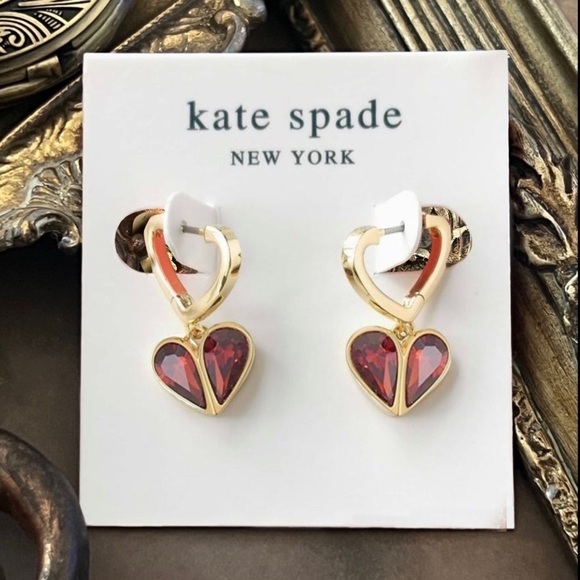 KATE SPADE • Rock Solid Dangle Hoop Huggies Earrings Crystal Heart Charm - Picture 2 of 3